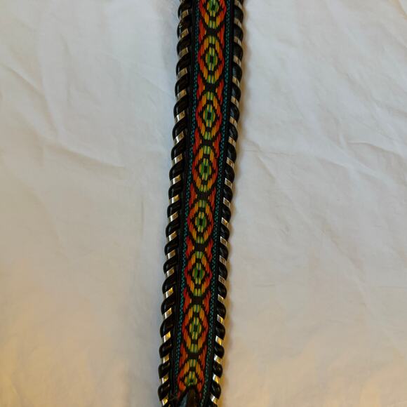 vintage vegan leather embroidered belt, black w/ silver buckle, M - Picture 6 of 7